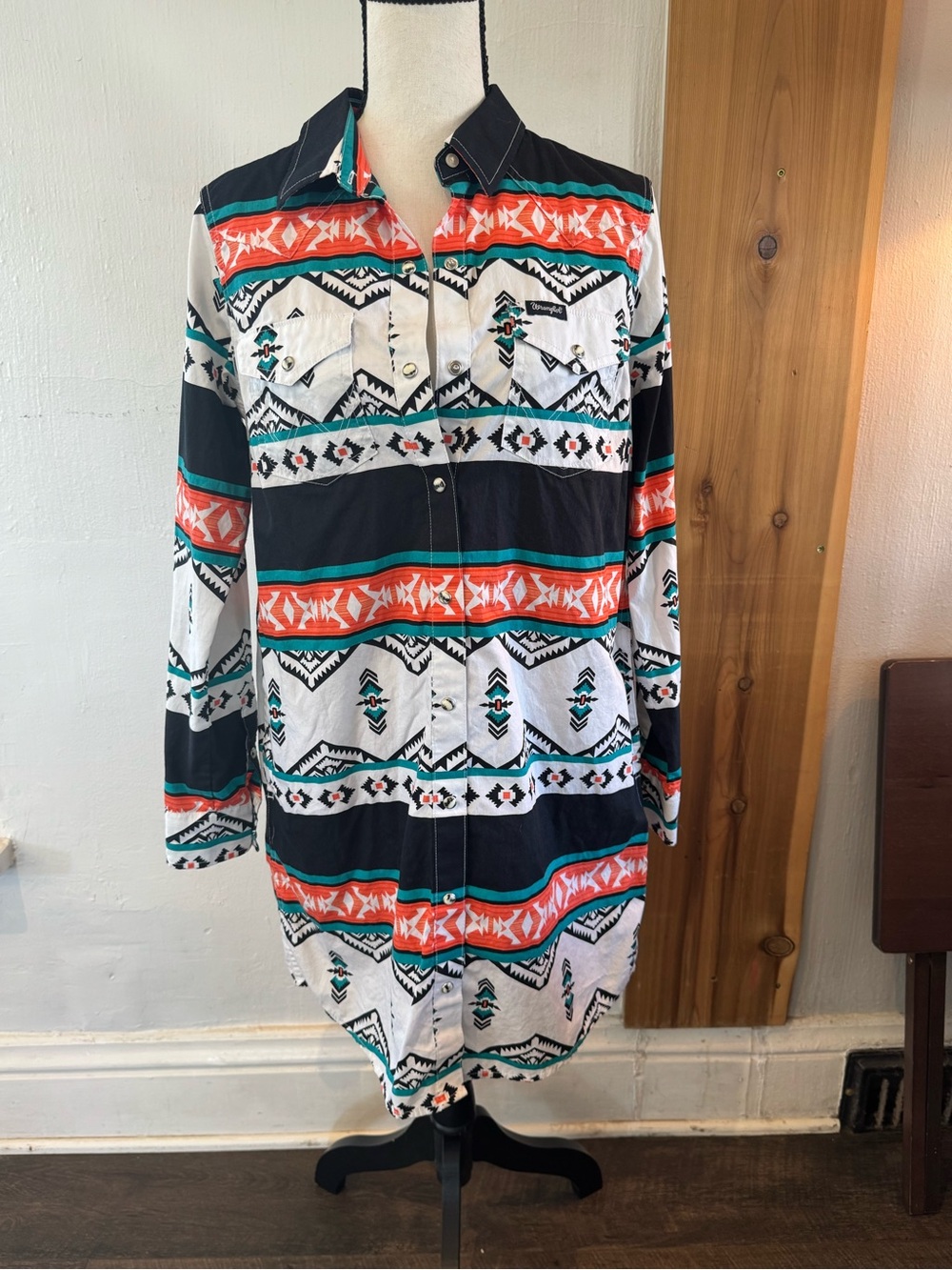 Wrangler RETRO Aztec Long Sleeve Pearl Snap Shirt Dress